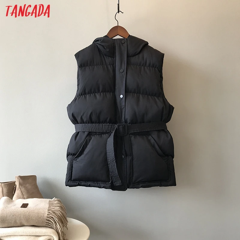 Tangada, Женские однотонные парки без рукавов с поясом, с капюшоном, на молнии,, зимнее женское теплое длинное пальто, корейская модная куртка ASF01