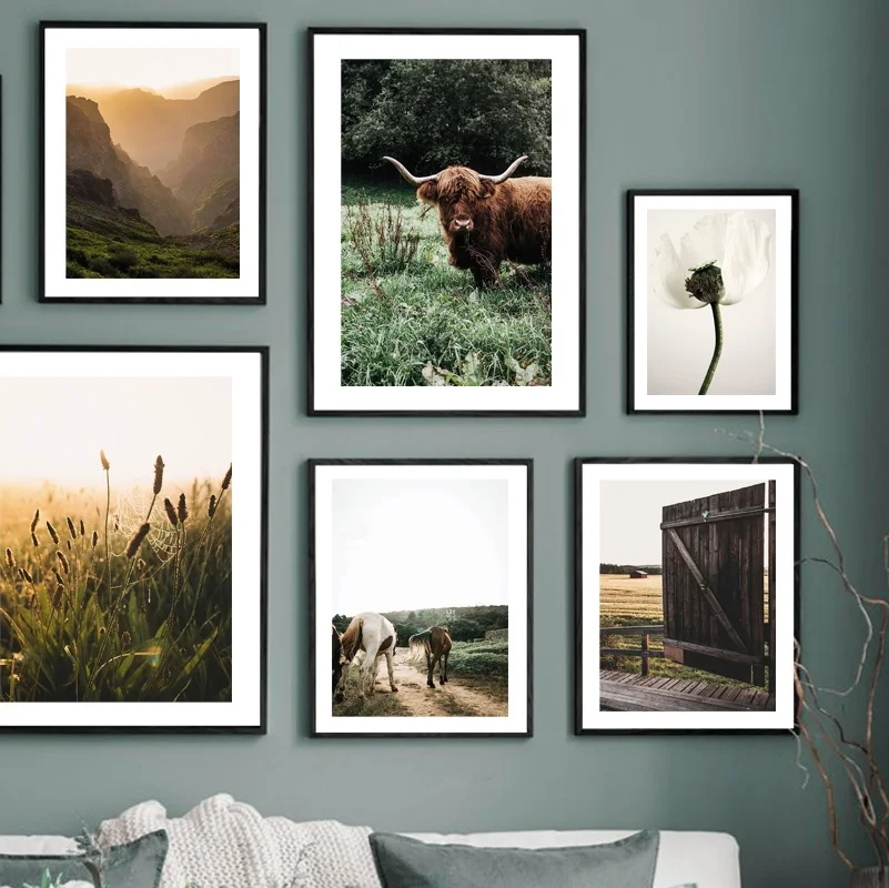 

Cattle Flowers Fence Grass Mountain Horse Wall Art Canvas Painting Nordic Posters And Prints Wall Pictures For Living Room Decor