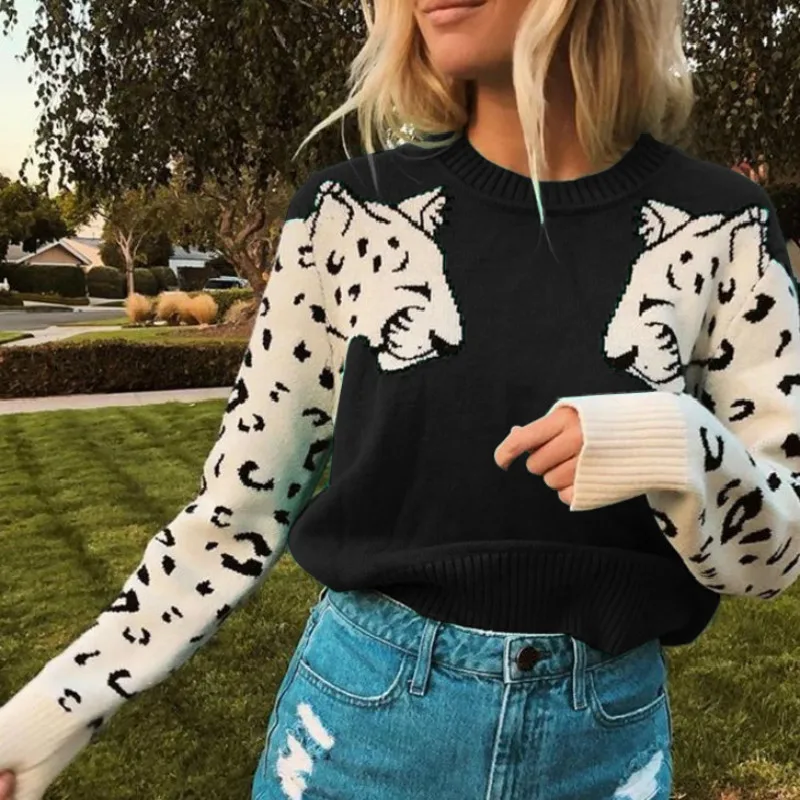 BOOFEENAA Leopard Printed Pullover Sweater Women Autumn Winter Clothes Knitted Casual Long Sleeve Tops Knitwear C35-AF47 | Женская