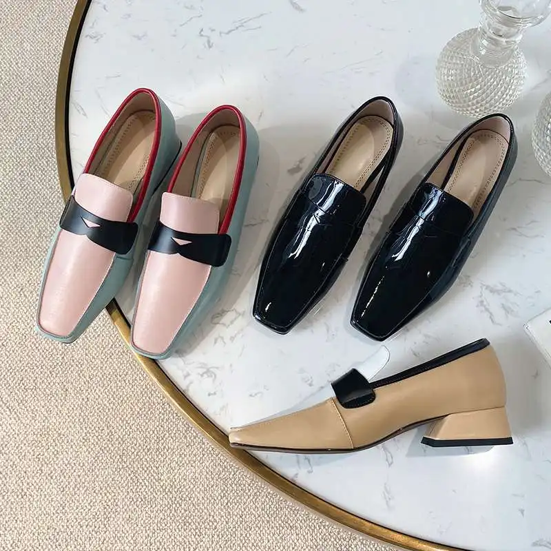 

Vichelo Hot mixed colors vintage preppy style natural leather square toe med heel brand shoes young lady casual women pumps L01