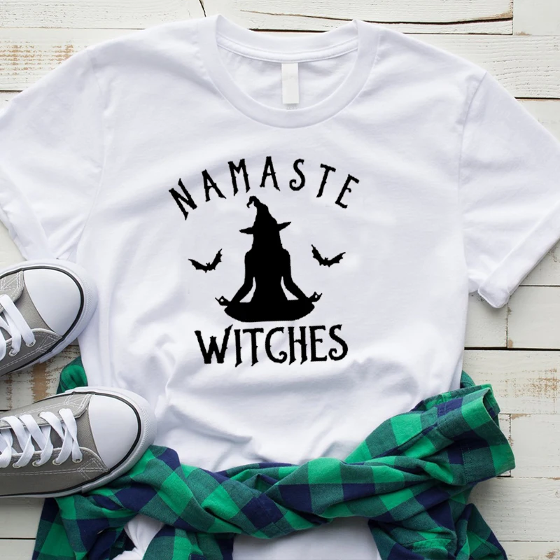 Namaste ведьмы футболка Хэллоуин Забавный подарок футболка женская мода медитировать жуткая летучая мышь футболки фестиваль хлопковые топы Прямая поставка