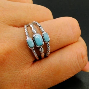 100% Real 925 Sterling Silver Three Stones Natural Larimar Ring Womens Engagement Wedding Ring For Gift