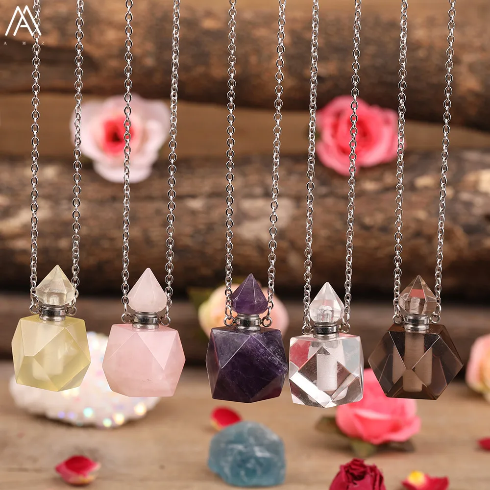 

Faceted Natural White Amethysts Pink Roses Quartz Perfume Bottle Pendant Necklace Silvery Women Crystal Diffuser Vial Jewelry