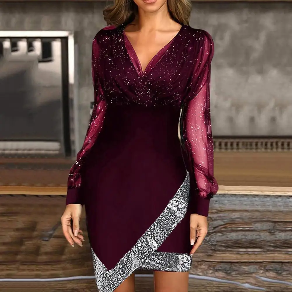 

Women Dress Pure Color Formal Dress Temperament See Through Dress