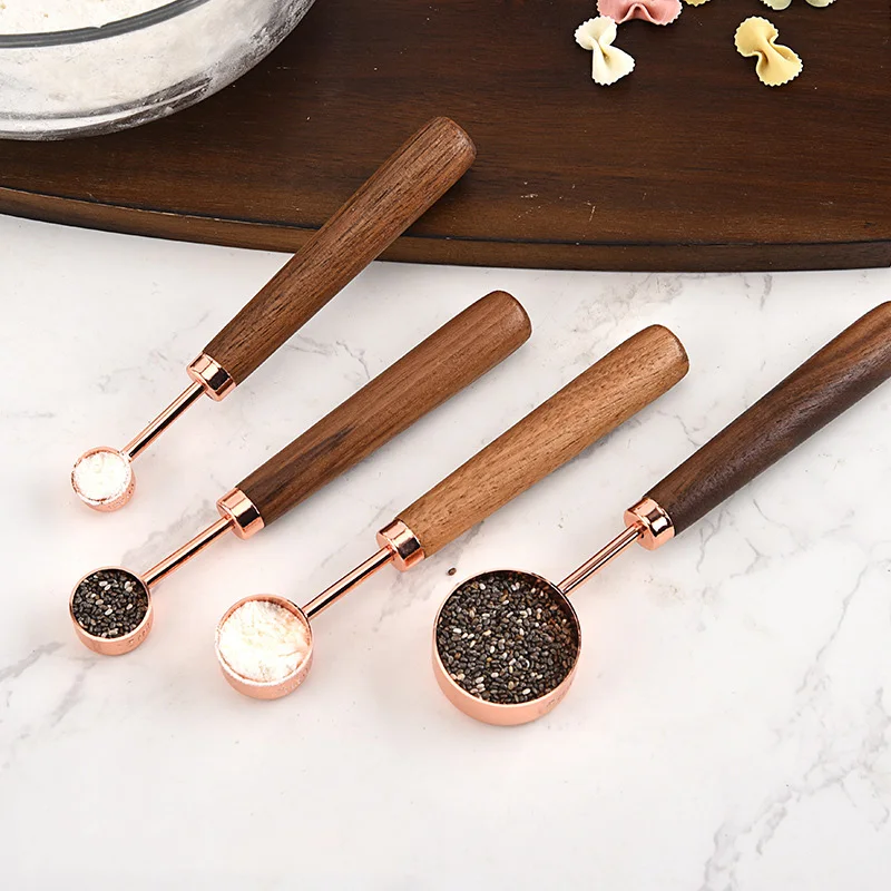 4 PCS Stainless Steel Copper-plated Measuring Spoon Walnut Handle Measuring Spoon Set Baking Tool Kitchen Tools