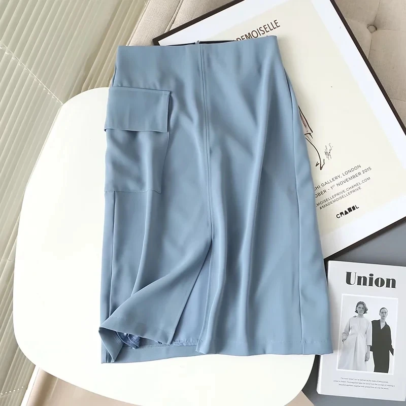 

Увядшая Офисная Женская мода в английском стиле, однотонная простая юбка миди с боковыми карманами, женские юбки, мода 2021, женские юбки