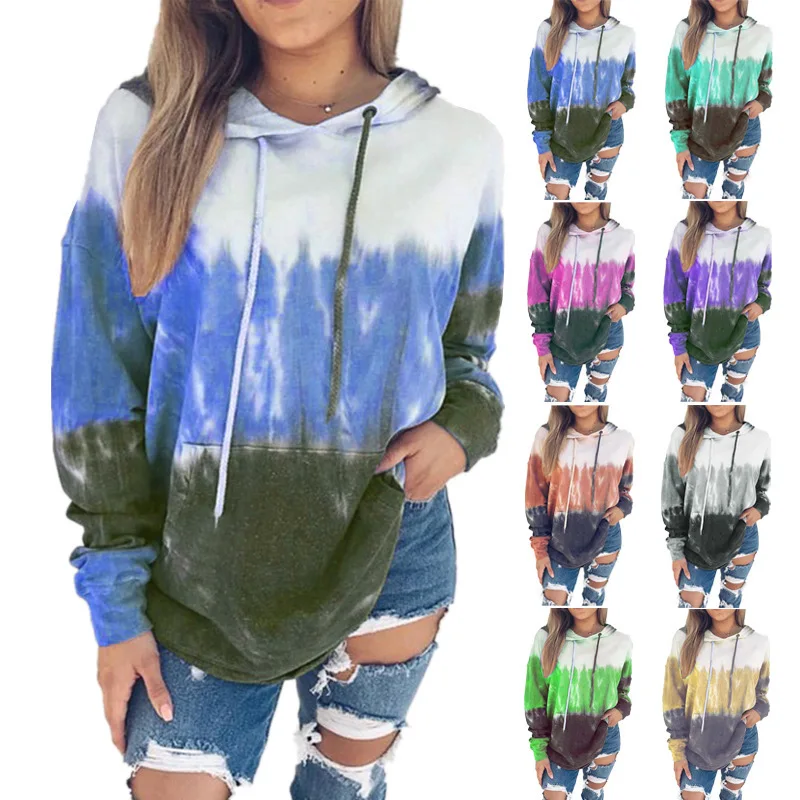 

European and American Women's Printed Long-Sleeved plus Velvet Rainbow Gradient Hoodie