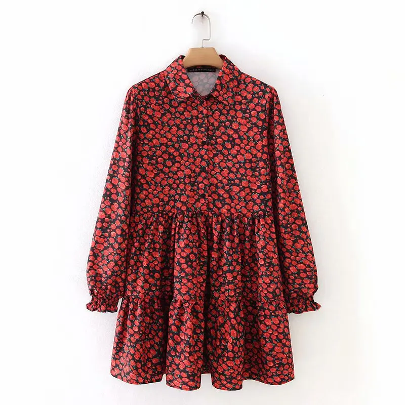 Женское винтажное плиссированное платье красное мини с цветочным принтом