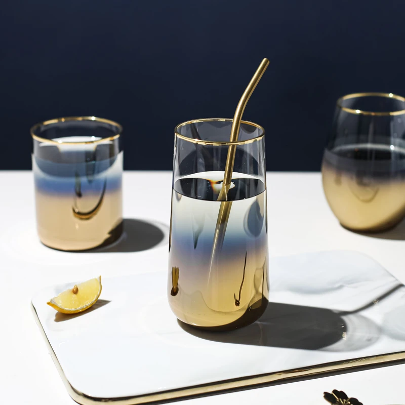 

Creativity Golden Blue Plating Cup Crystal Glass Cups European Luxury Gold Rim Glasses Coffee Milk Tea Mug Home Bar Drinkware
