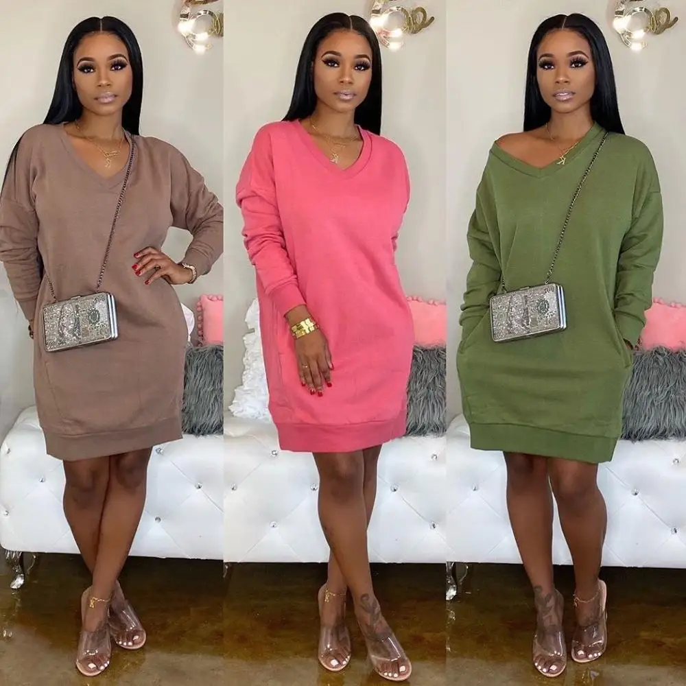 

2019 Autumn Winter Solid Loose Casual V Neck Dress Women Long Sleeve Pockets Mini Dress Sweatshirt Vestidos