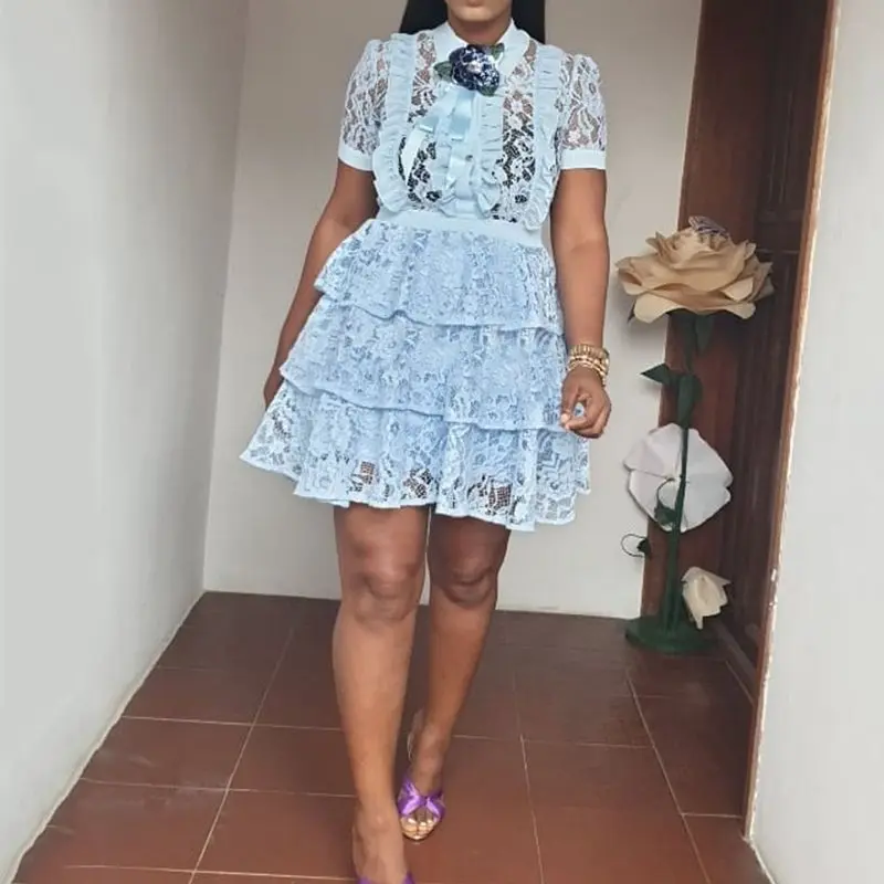 African Fashion Women Elegant Lace Cake Dress Short Party Ball Gown Sleeve Bowknot Sweet Princess Mini | Женская одежда