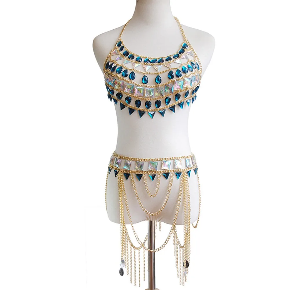 Boho 1 комплект, металлическая цепочка, бюстгальтер на бретельках для тела, кристалл, нагрудный ремень, украшение с зажимом, блестки, клетчатый Топ, плюс размер, женская одежда в стиле рейв на Хэллоуин