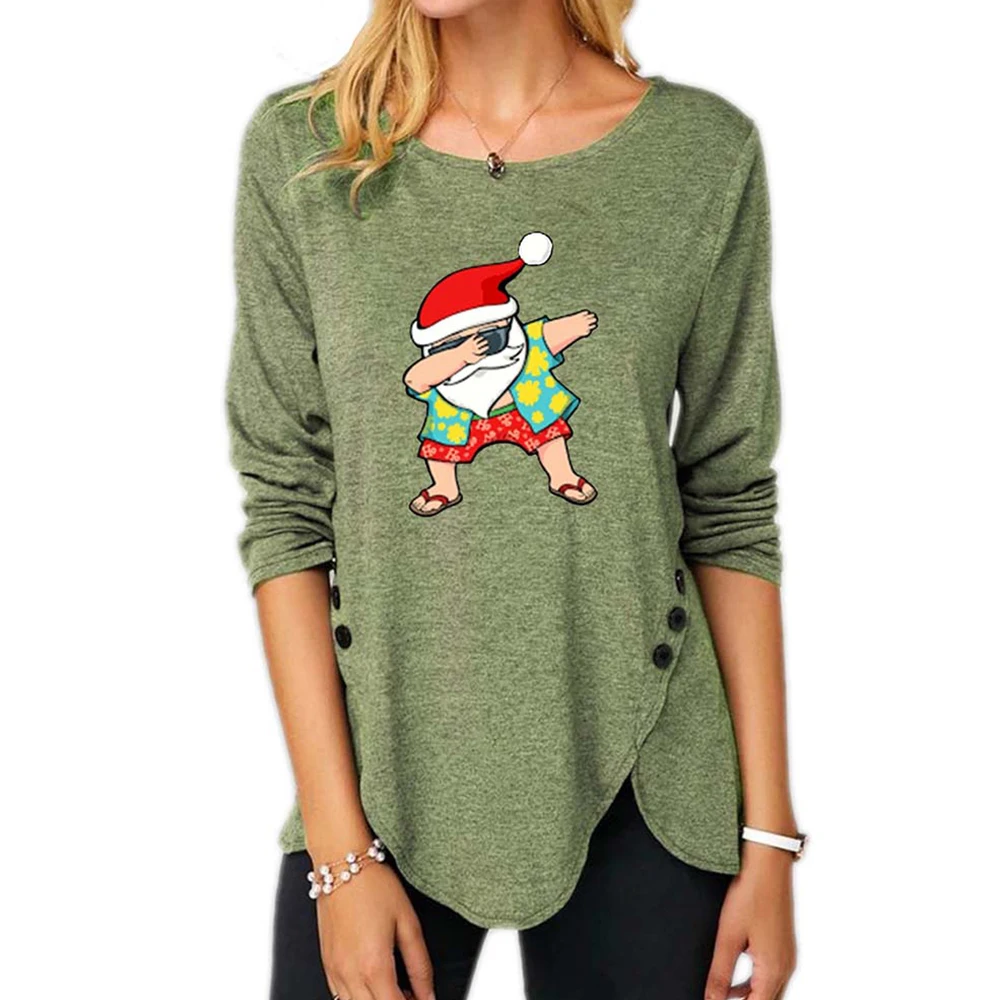 

Christmas Santa Claus Printed Women Tshirts Buttons Irregular Tunic Clothes Long Sleeve O Neck Casual Clothes 2020#k