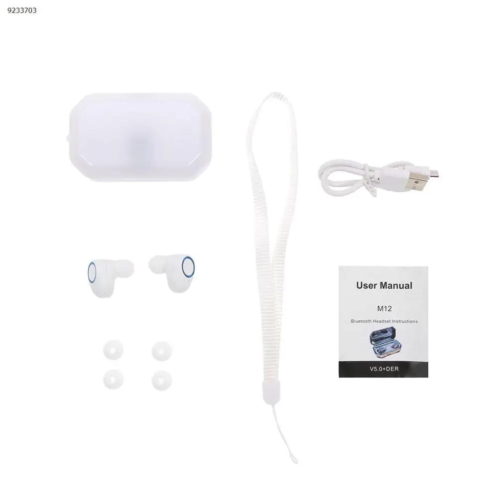

M12 White Color Wireless earphones Bluetooth 5.0 TWS Touch Bluetooth headset with led power display with rope