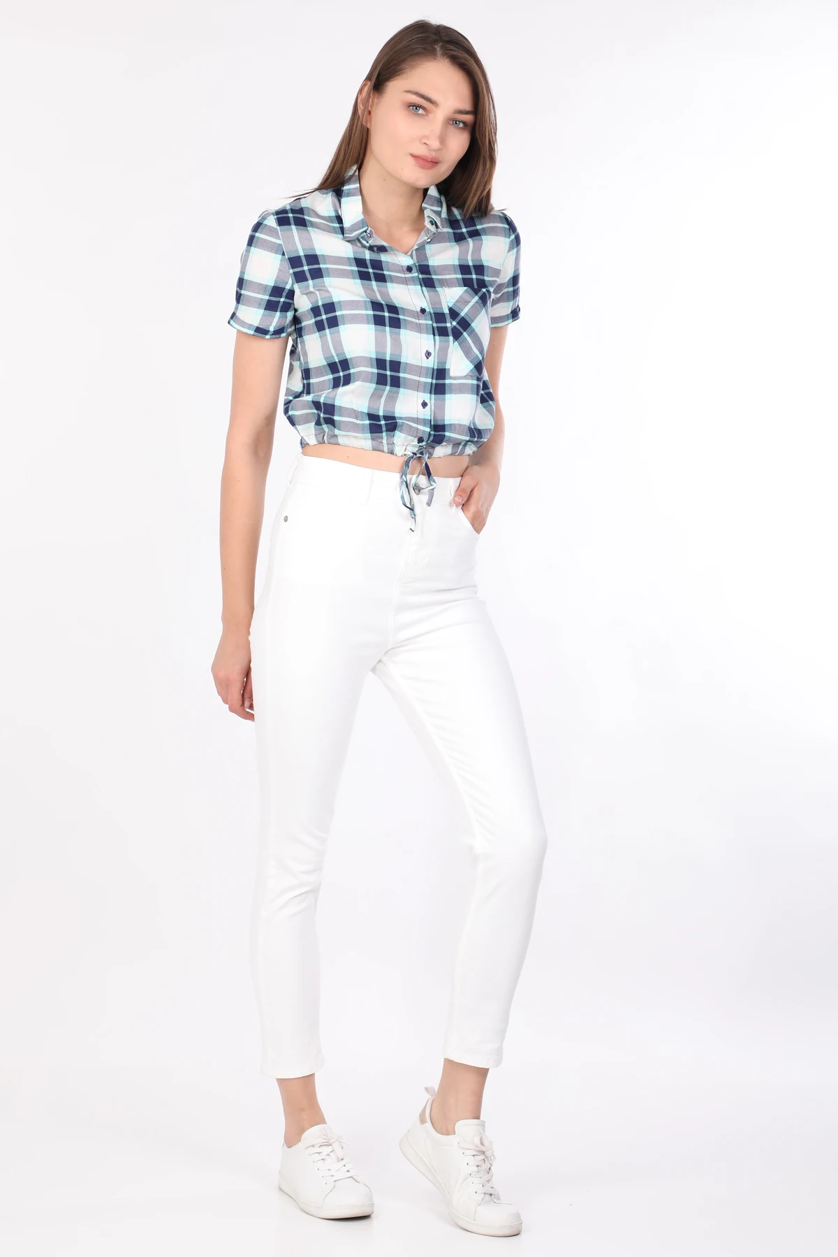 

Women Crop Plaid Shirt Blue