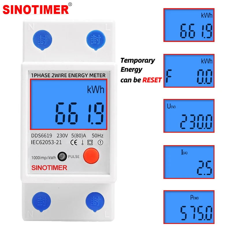 Din Rail LCD Digital Backlight Single Phase Energy Meter kWh Power Consumption Meter Wattmeter Electronic AC 220V 80A Reset Zero