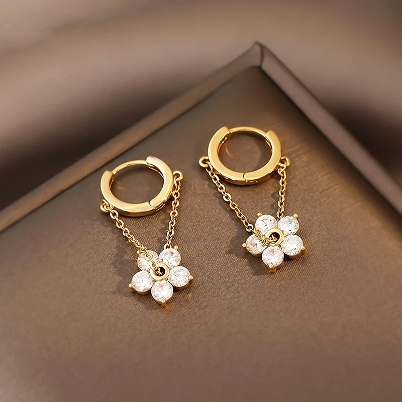 

Trendy Exquisite 14k Real Gold Crystal Flower Drop Earrings for Women High Quality Jewelry Bling AAA Zircon Weddings Party Gift