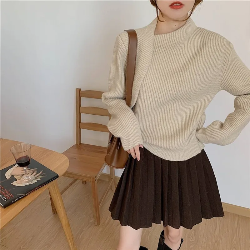 

Kimutomo Elegant Solid Sweater Women Irregular Collar Long Sleeve Pullover Ladies 2021 Spring Slim Short Top Outwear Knitting