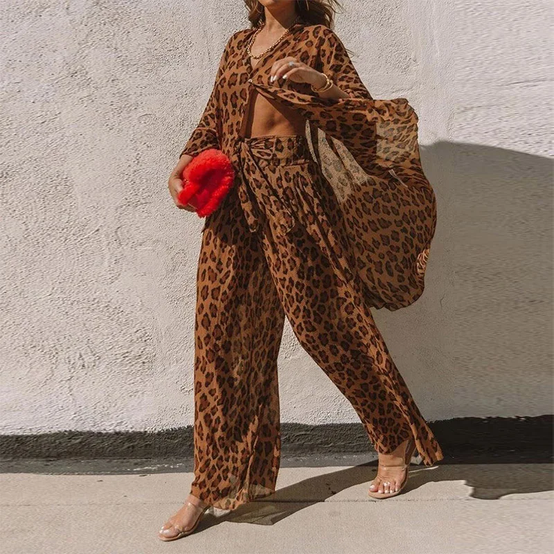 

Fashion Leopard Print Women Tracksuit Two Piece Set Sexy Button Long Sleeve Shirts Tops And Wide Leg Pants Suits Casual Outfits