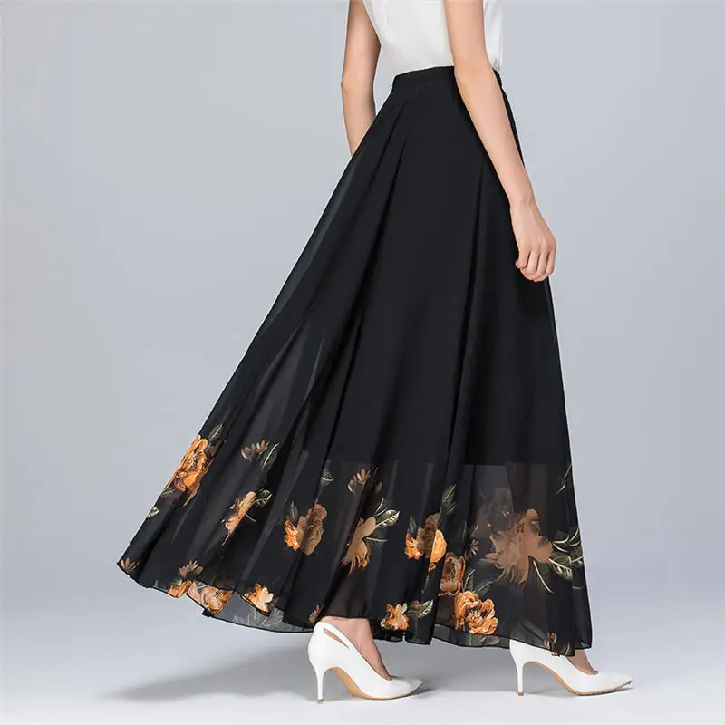

New Long Skirts Womens Clothes Faldas Casual Print Chiffon Pleated Skirts Female Plus Size Vintage High Waist Woman Skirts Q2712