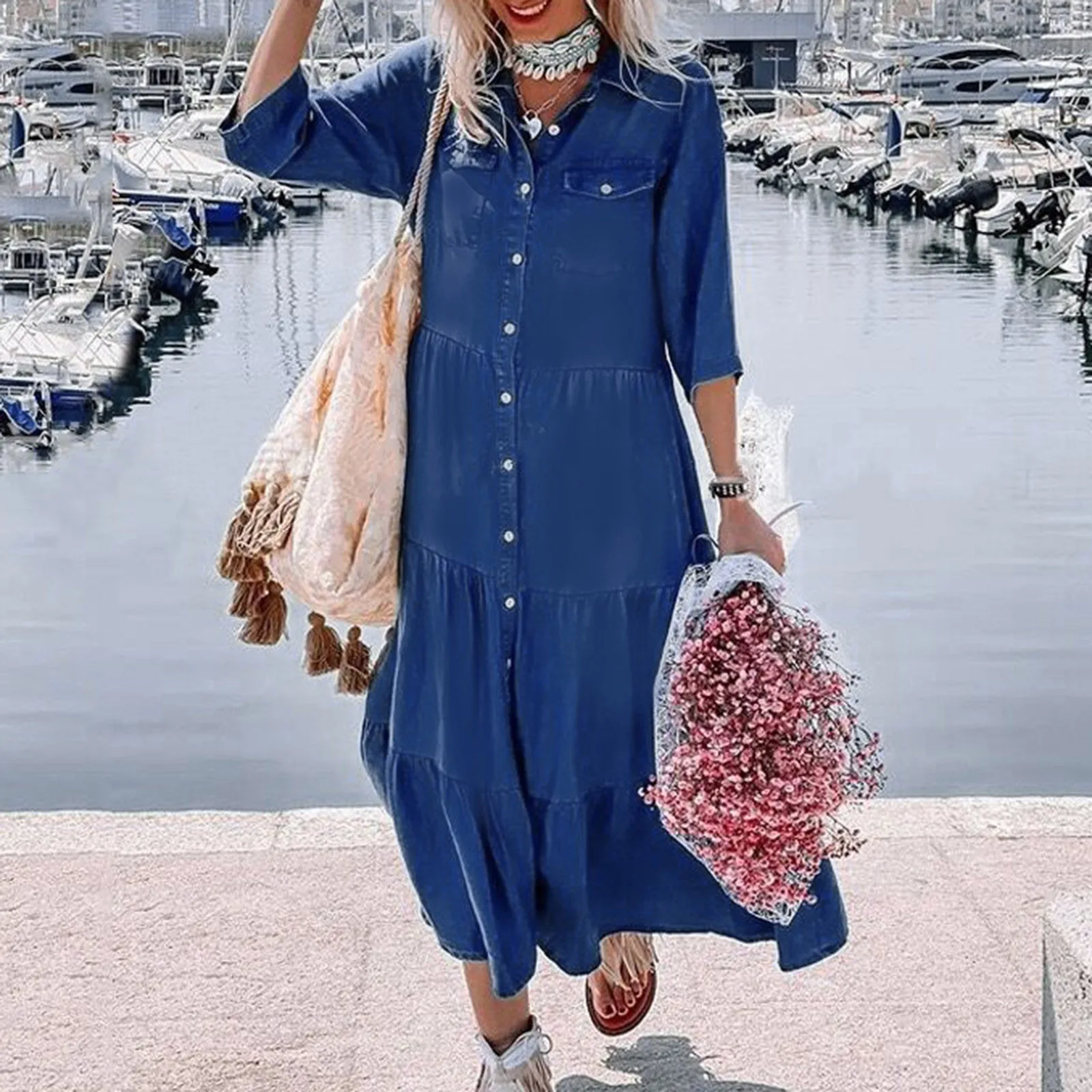 

Elegant Button Muslim Dress Women's Autumn Ruffle Casual Turkish Robe Female Demin Blue Shirt Long Sleeve Dress A Slim Waist