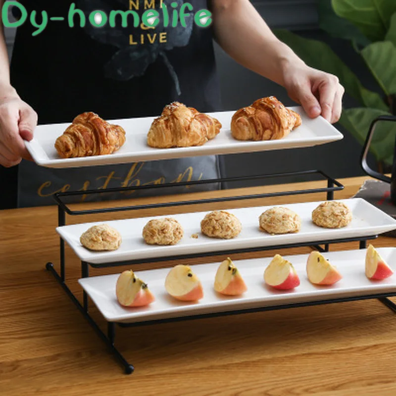 

Nordic Creative Three-layer Iron Bracket White Ceramic Fruit Plate Restaurant Household Bone China Fruit Dessert Storage Tray