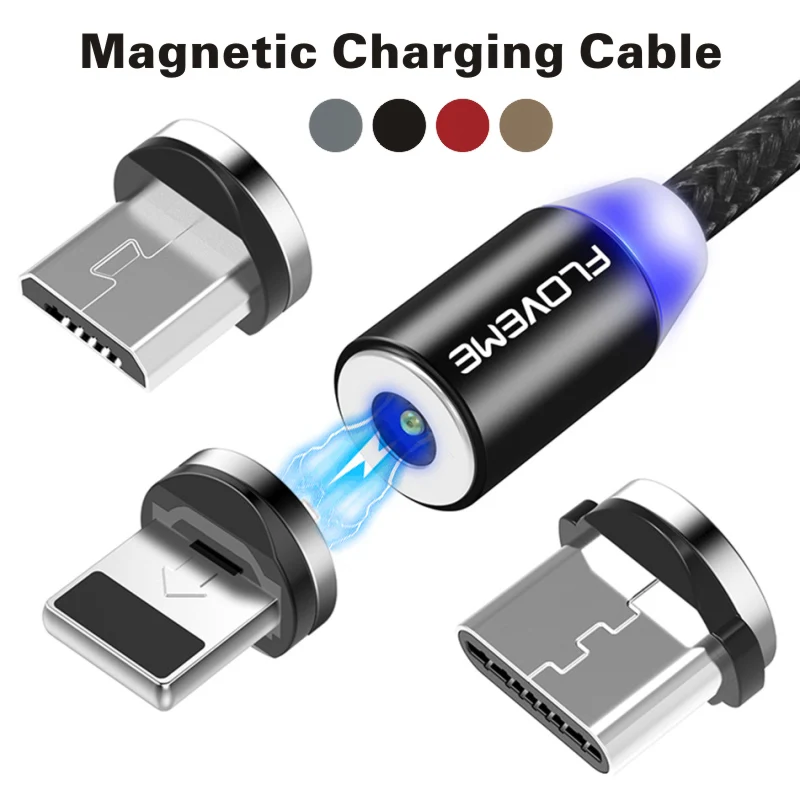 FLOVEM Магнитный кабель Micro usb type C USB-C кабель 1 м 2 м светодиодный короткий usb кабель для зарядки магнитное зарядное устройство круглый разъем для iPhone XR
