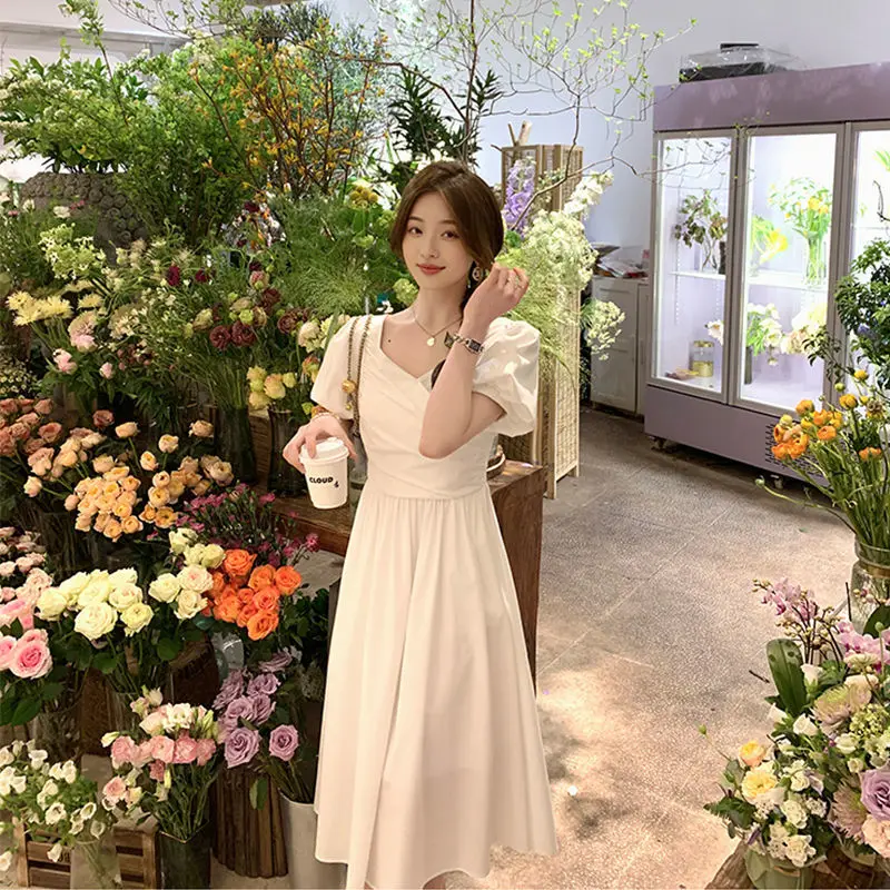 

Chic French Vintage Midi Dresses Women Short Sleeve Casual Evening Dress Office Ladies One Piee Dress Korean 2021 Summer V-Neck