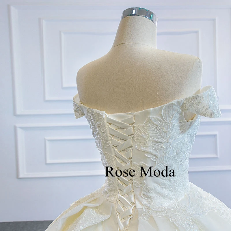 

Rose Moda Luxury Off Shoulder Lace Wedding Dress with Long Train Princess Ball Gown Custom Make