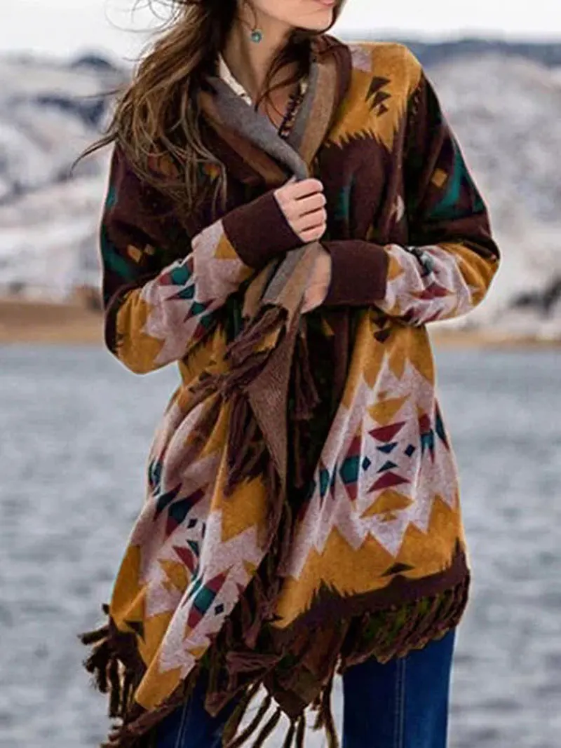 

autumn new women open stitch coat loose streetwear retro print tassel design cardigan plus size fashion female jacket VKCO1089