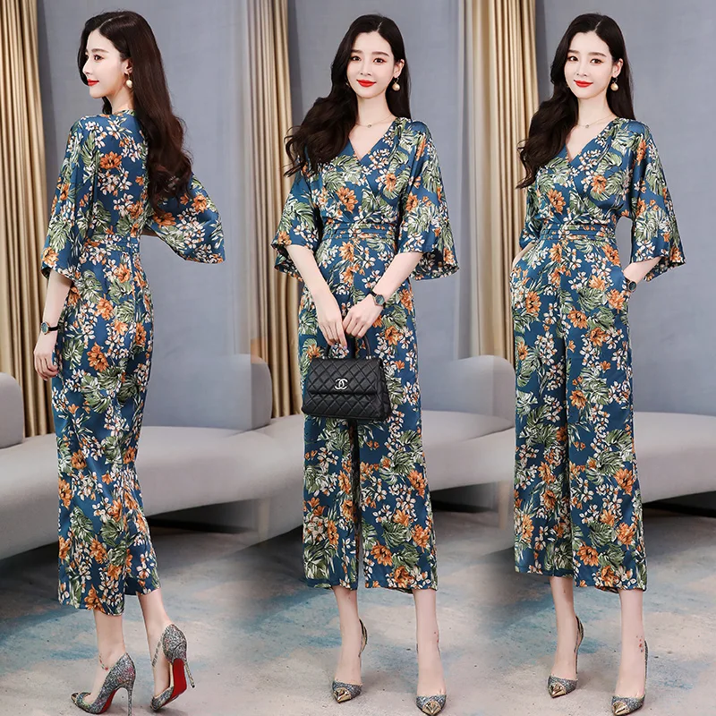 Женские комбинезоны длинные брюки с широкими штанинами и цветочным принтом лето