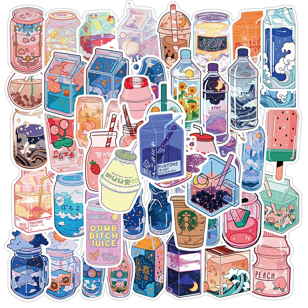 

50PCS Summer Cute Flavored Drink Stickers PVC Kawaii Cartoon Beverage Decal sticker For Girl DIY Laptop Stationery Water Bottle