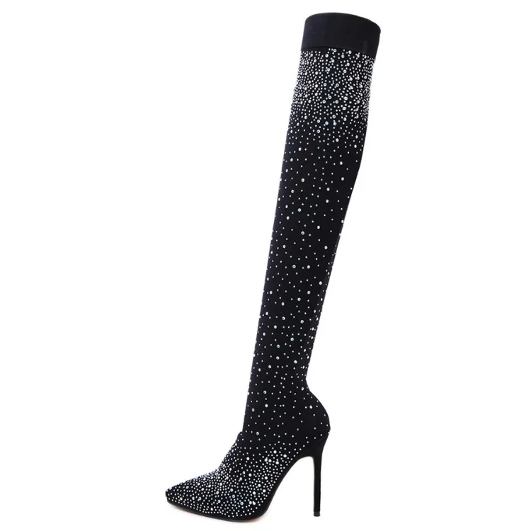 

Women Crystal Stretch Fabric Sock Boots Pointy Toe Over the Knee Thigh High High Heel Long Booties