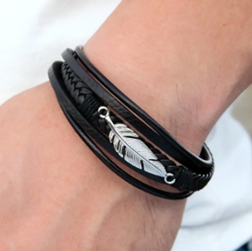 

Mens Fashion Multilayer Leather Feather Shaped Accessories Bracelet Mens Stainless Steel Leather Bracelet Gifts for Boys