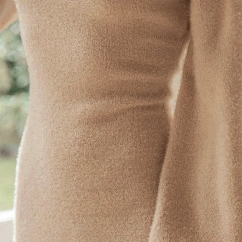 

EFINNY Ladies Dress Casual Solid Color Mid-high Collar Waist Long Puff Sleeve Dress