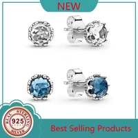 925 sterling silver pan earring blue sparkling crown stud earrings with crystal for women wedding gift fashion jewelry