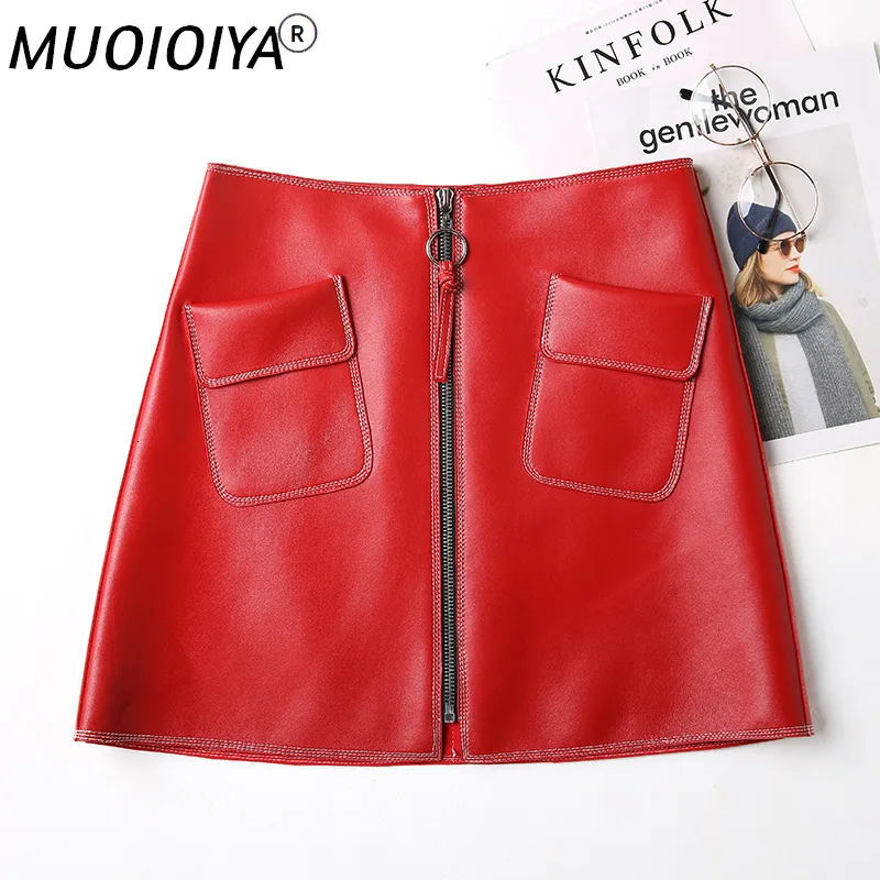 

Genuine Leather Skirt Women Real Sheepskin Natural Lambskin Ladies High Waist Mini Short Red Black Pockets Fashion Design Skirts