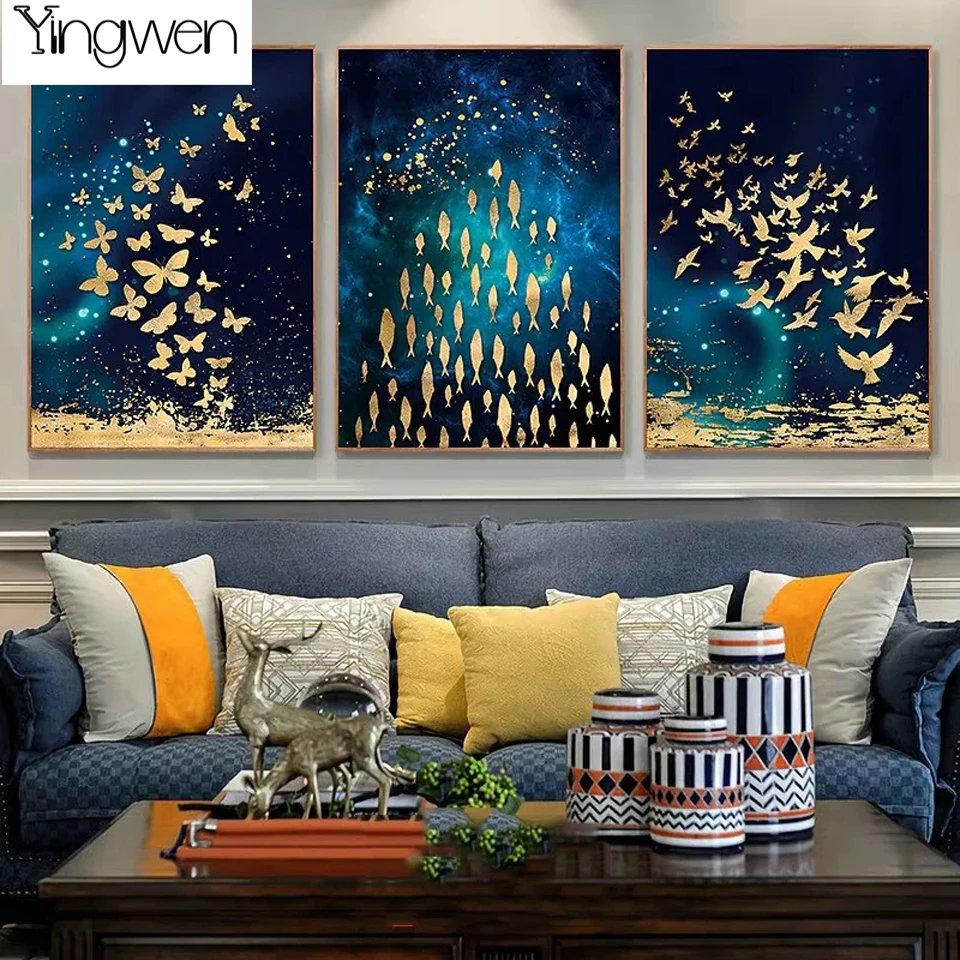 

5D DIY Full Diamond Painting Abstract Flying Butterfly Jumping Fish Bird 3 Pieces Embroidery Triptych Cross Stitch Home Decor