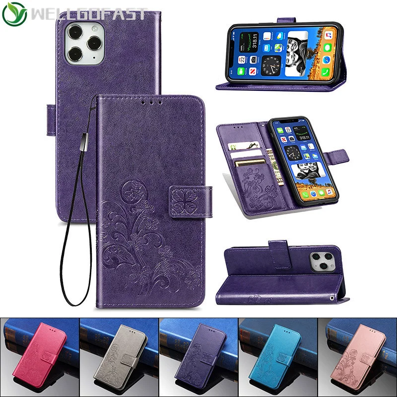 

Flip Wallet Leather Case for iPhone 12Mini 11 Pro Max XS XR X SE 2020 8 7 6 6s 5SE Plus Four-leaf Clover Lucky Cover 3D Embossed