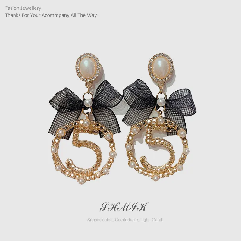Корея Dongdaemun модная лента бант жемчуг номер 5 большой круг духи серьги в виде