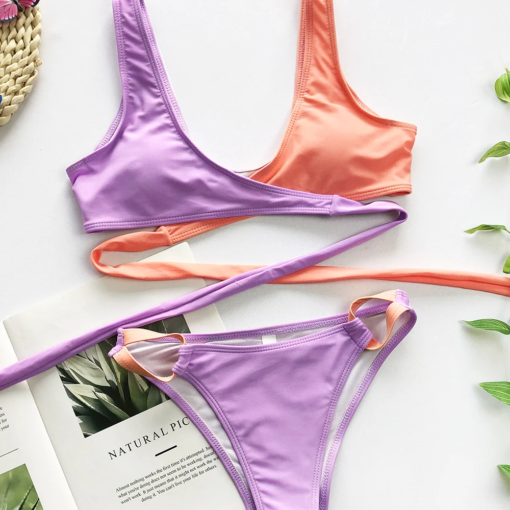 Контрастное бикини набор лоскутный купальник сексуальный пуш-ап женский галстук