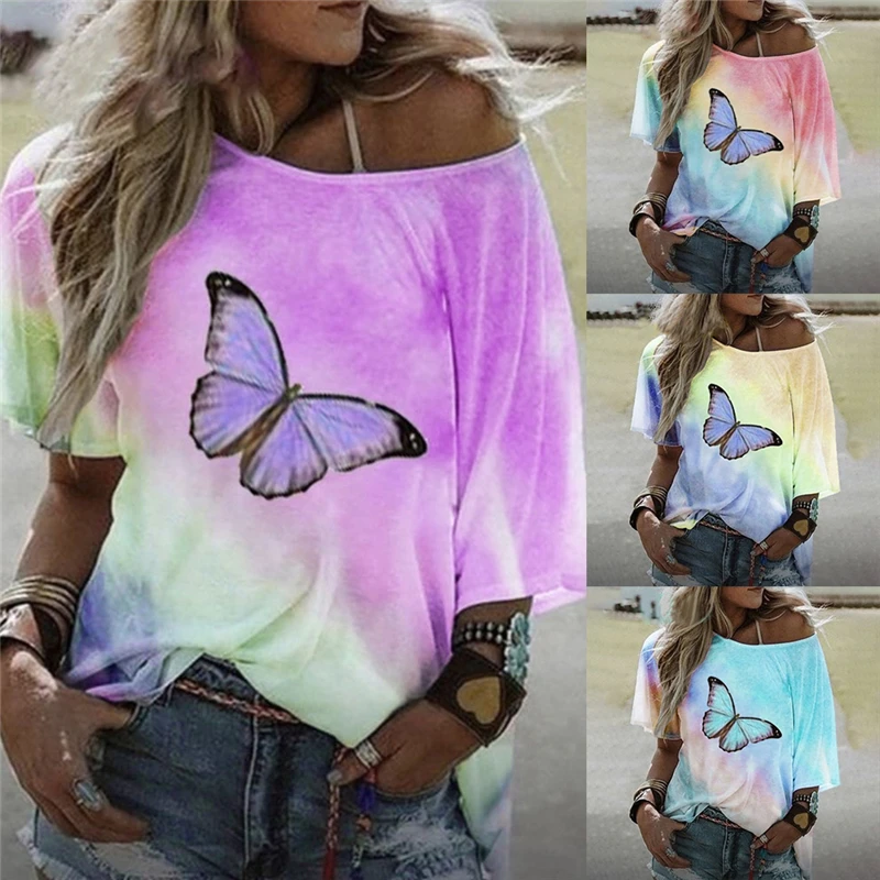 

Women's T Shirt Butterfly Color change Printed Summer Tops Tees Women Clothes Off Shoulder Bat Sleeve Casual Female T Shirt