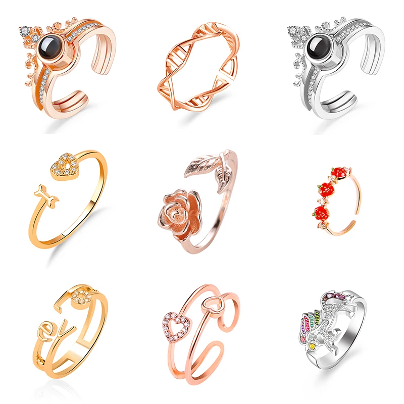 Женские регулируемые Открытые Кольца ZEMO с сердечком и кубическим цирконием