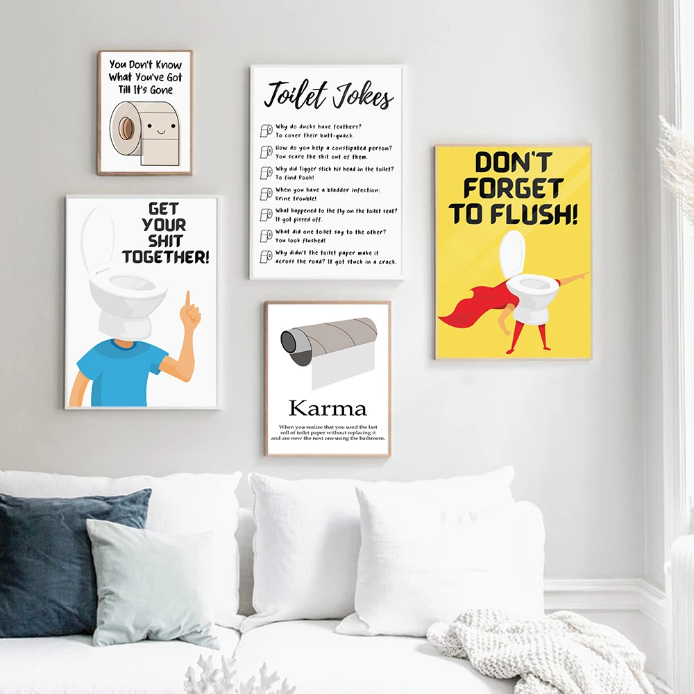 Картина на холсте "Правила ванной комнаты" с юмористической цитатой, изображением туалетной бумаги и картинками на тему. Декор для стен в домашнем туалете.