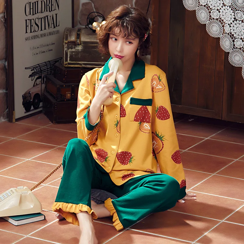 Весенняя осенняя зимняя Пижама женская Клубничная Вязанная хлопковая с принтом