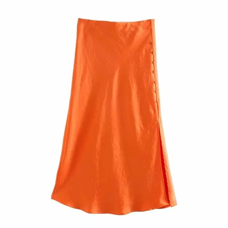 

Solid Satin Elastic waist Women Side Slit Midi Skirt 2020 New Fashion Casual Lady Button decoration Slim A-Line Skirts P1597