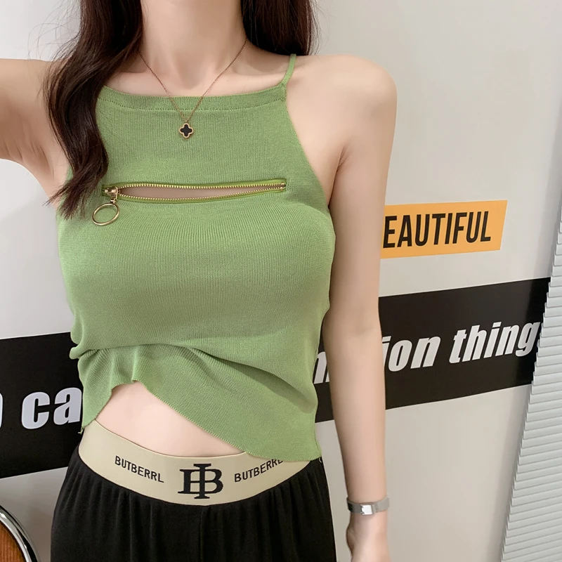 

Топ женский трикотажный однотонный на молнии, пикантная майка без рукавов, на бретелях-спагетти, Клубная одежда, уличная одежда, на лето