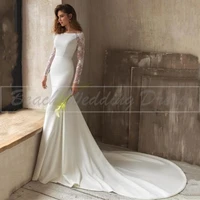 2021 high neck long sleeve mermaid wedding gown satin sweep train lace applique bridal for women robe de mariage custom dresses