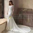 Женское атласное свадебное платье с длинным рукавом, платье с высоким воротом и кружевной аппликацией, платье невесты со шлейфом, 2021