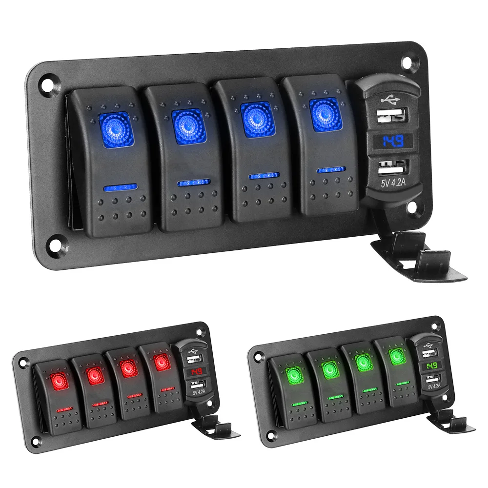 

LED Switch Panel +Sticker Digital Voltmeter Dual USB Port Waterproof 12V/24V 4 Gang Toggle Rocker Switch For Car Marine